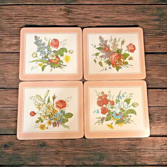 Vintage Set 4 Place Mats Luncheon Coasters Floral Spray Mist England Botanical - Picture 1 of 11